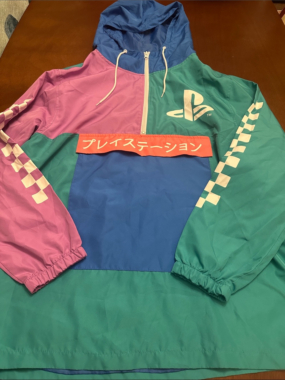 PlayStation Pastel Colorblock Checkered Hooded Windbreaker